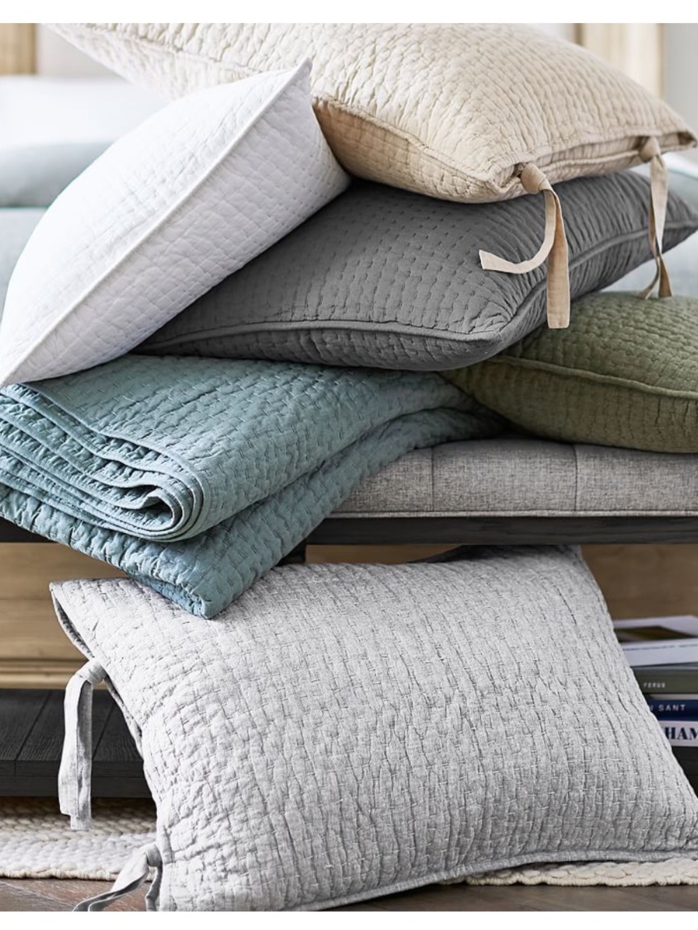 Pottery Barn Pick-Stitch Handcrafted Cotton Linen Quilted Shams Standard Set 2
